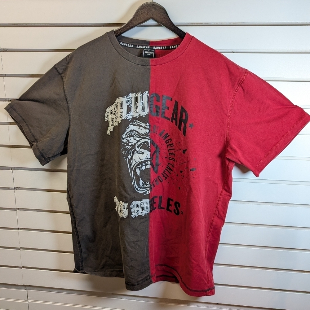 Raw Gear Oversized Gorilla Graphic Tee Red Brown Split Color Los Angeles Large